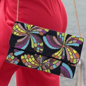 Kaleidoscope Colors Seed Beaded Crossbody Chain Black Clutch Handbag Bag NEW
